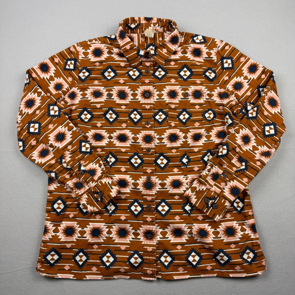 Duluth Trading Co Women's Large Brown Southwestern Aztec Button Down Work Shirt